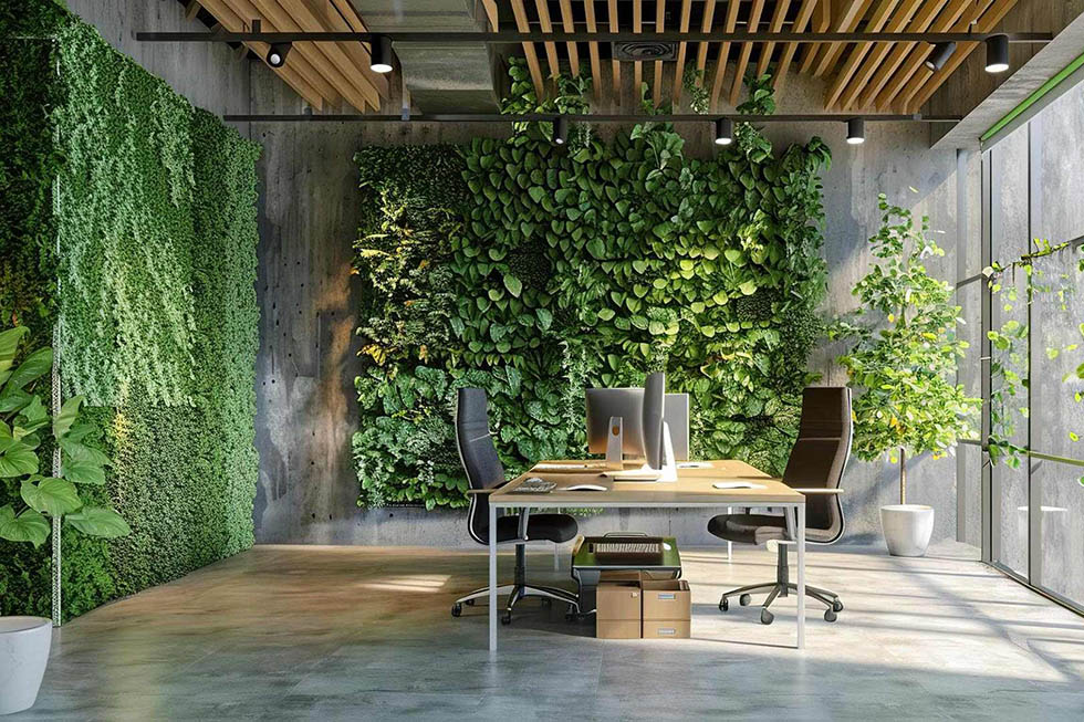 Jardín vertical en oficina con diseño biofílico — ECO PLAN DECO